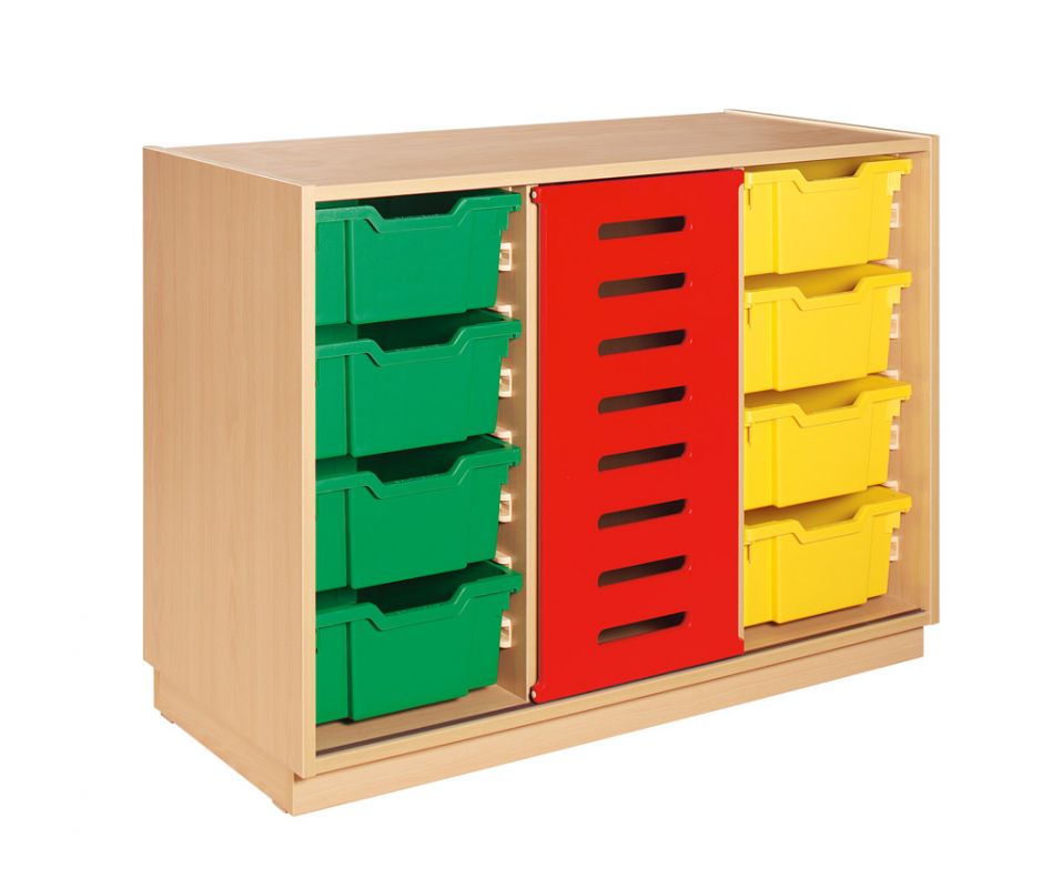 Cupboard with rolling red door and green and yellow plastic drawers