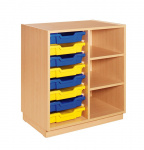Cupboard with plint, 2 shelves and yellow and blue plastic drawers