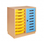 Cupboard with plint door, 2 shelves and yellow plastic drawers