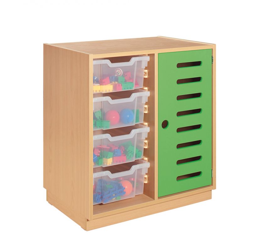 Cupboard with green door and clear plastic drawers