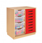 Cupboard with rolling red door and clear plastic drawers