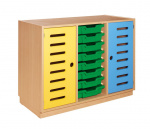 Cupboard with yellow and blue doors and 8 green plastic drawers