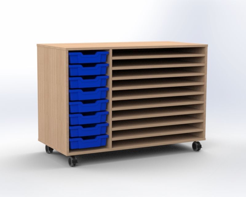Cabinet on wheels with 10 shelves for A2 papers and 8 plastic drawers