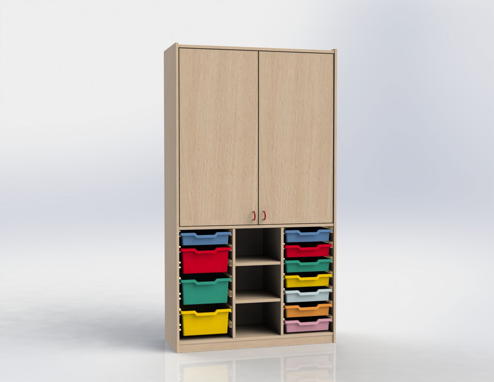 Cabinet with doors and 11 plastic drawers