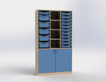 Cabinet with doors and 17 plastic drawers