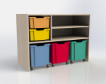 Cabinet shelf with 2 plastic drawers and 3 drawers with wheels