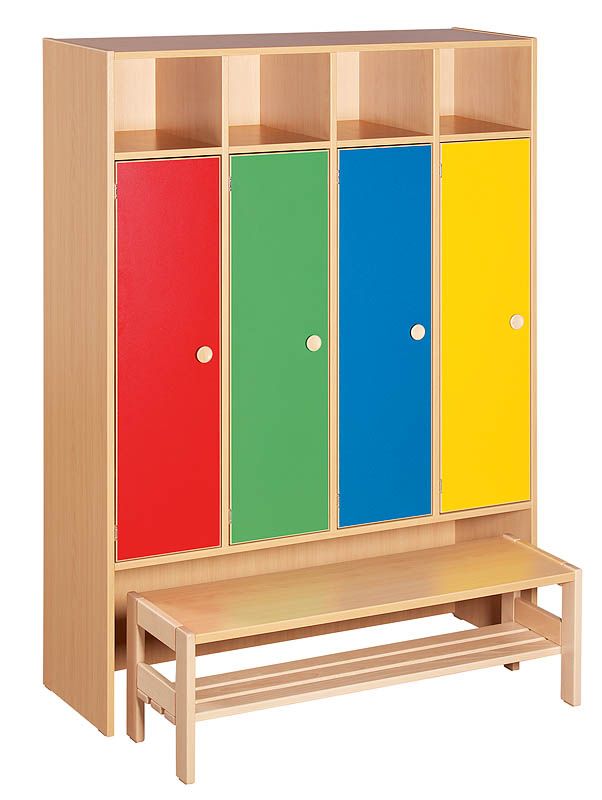 Lockers without locks with bench, colour combination