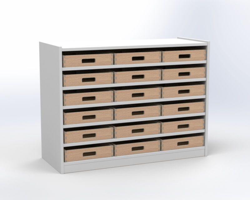 Cupboard with 5 shelves and 18 drawers